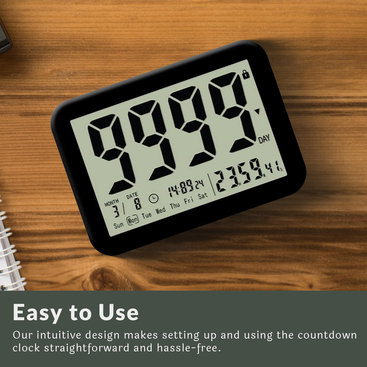 Countables 9999 Days Countdown Clock - Reusable Count Down Timer - Large Display LCD Digital Timer - Visual Countdown Clock and Calendar for Retirement, Wedding, Birthday, Holiday & More (Black)