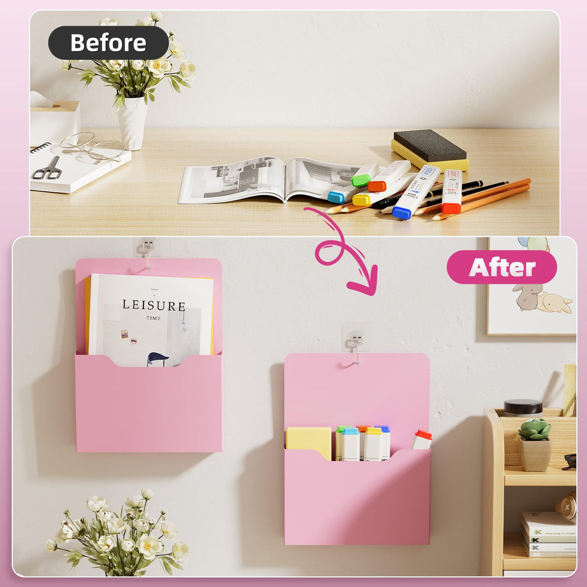 Marbrasse 2 Pack Magnetic File Holder - Paper Holder, Pocket Organizer,Hanging Wall File Organizer Office Supplies Storage, Magazine Mail Organizer Case for Notebooks,Planners,Letter (Pink)