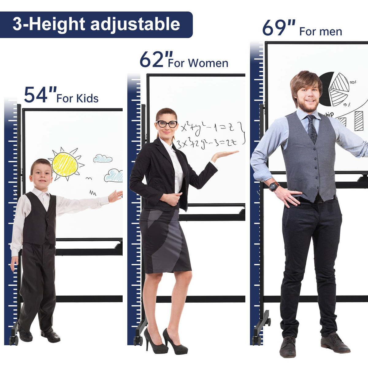 TSJ OFFICE Large Rolling Whiteboard - Dry Erase Magnetic 48 x 32 Inches White Board Height Adjust Double Sides Mobile Portable Easel on Wheels, Dry Erase Board with Stand for Office, Home & Classroom