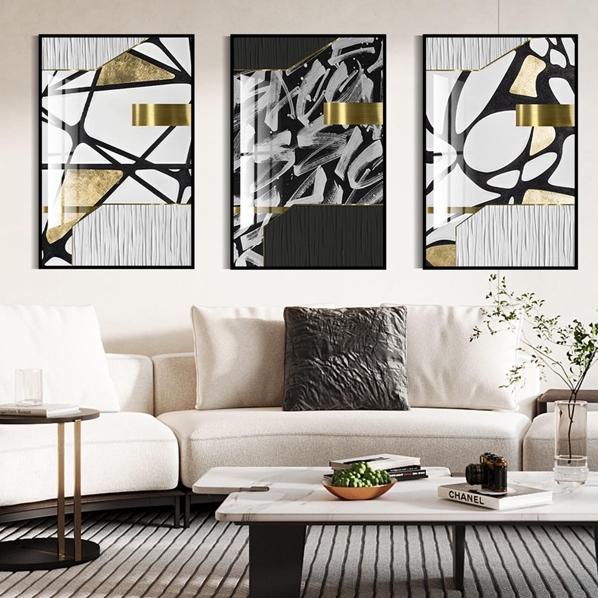 QKF large bright abstract geometric wall decoration, modern minimalist black and white wall art, suitable for bedroom, living room, bathroom, office, home poster printing 20 "X 28" inch 3-piece set