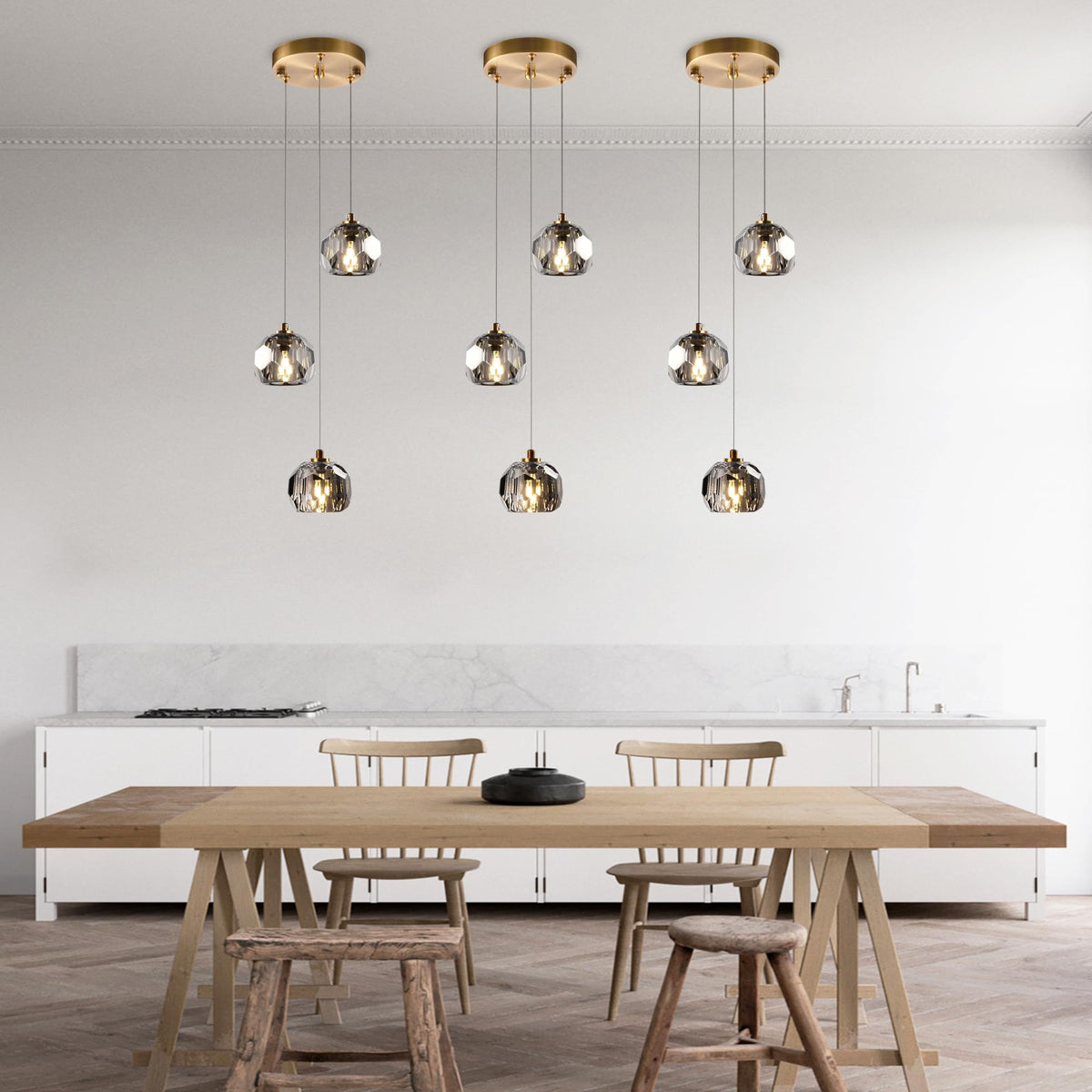 Yaskina 3-Light Prism Crystal Pendant Light, Modern Smoke Crystal Pendant Light Fixtures 9W, Triple Pendant Round Ceiling Pendant Lighting for Dining Room Kitchen Island