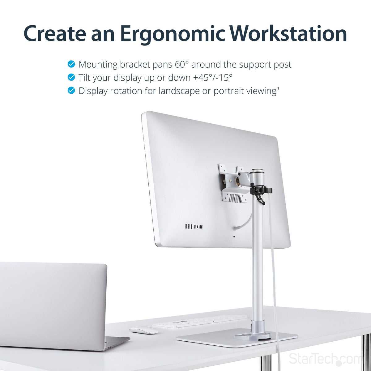 StarTech.com Single Monitor Stand, Adjustable, Supports UHD, iMac and Apple Thunderbolt Displays from 12'' to 34" (30.9lb/14kg), Premium Single Screen VESA Monitor Mount Stand, Silver, TAA