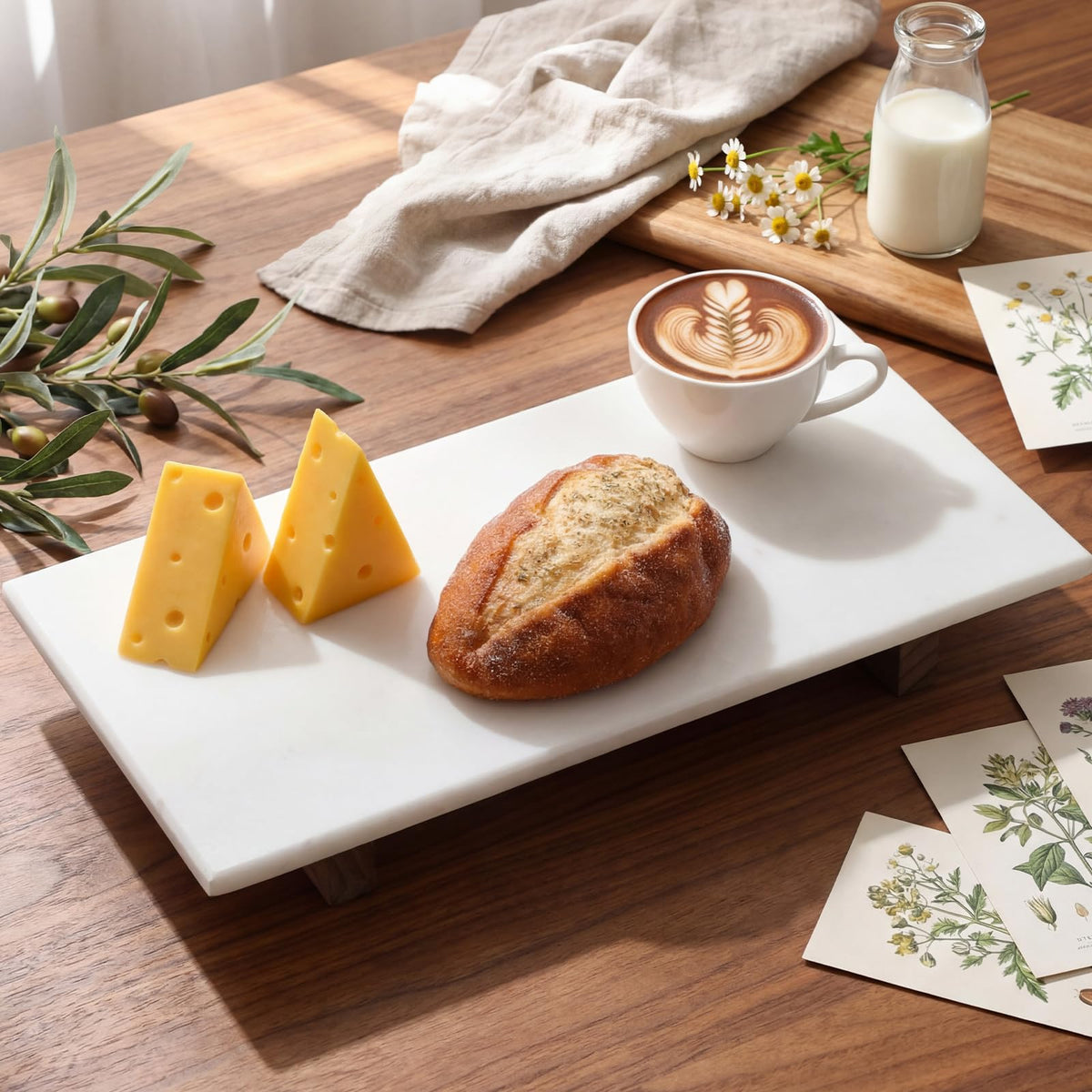 Yiyiring Marble Charcuterie Board Display White Cheese Cutting Footed Stand Tray with Wooden Feet 15.75"L x 8" W x 2.5" H for Vanity, Kitchen and Serving, or as a Gatherings Elegant Cheese Board Gift