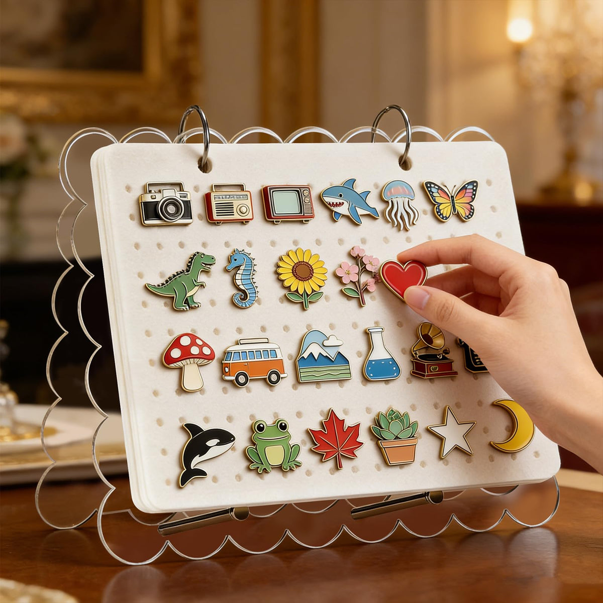 Beautiful Pin Display Organizers,Acrylic Scalloped Cover Brooch Pin Holder with 6 Pages,Pin Collection Storage Calendar,Enamel Pin Display Pages for Store 180+ Pins