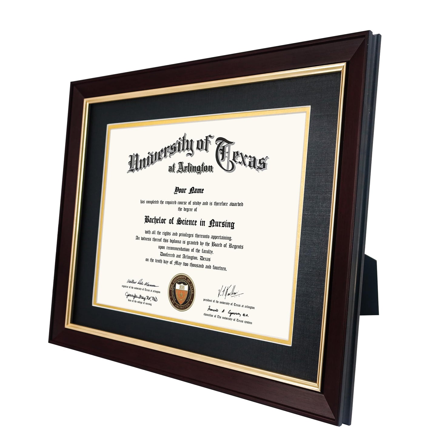 GMFrames 8.5x11 Wood Diploma Frame with Black Mat or Display 11x14 Certificates without Mat,Tempered Glass,Deep Brown Finish with Gold Trim