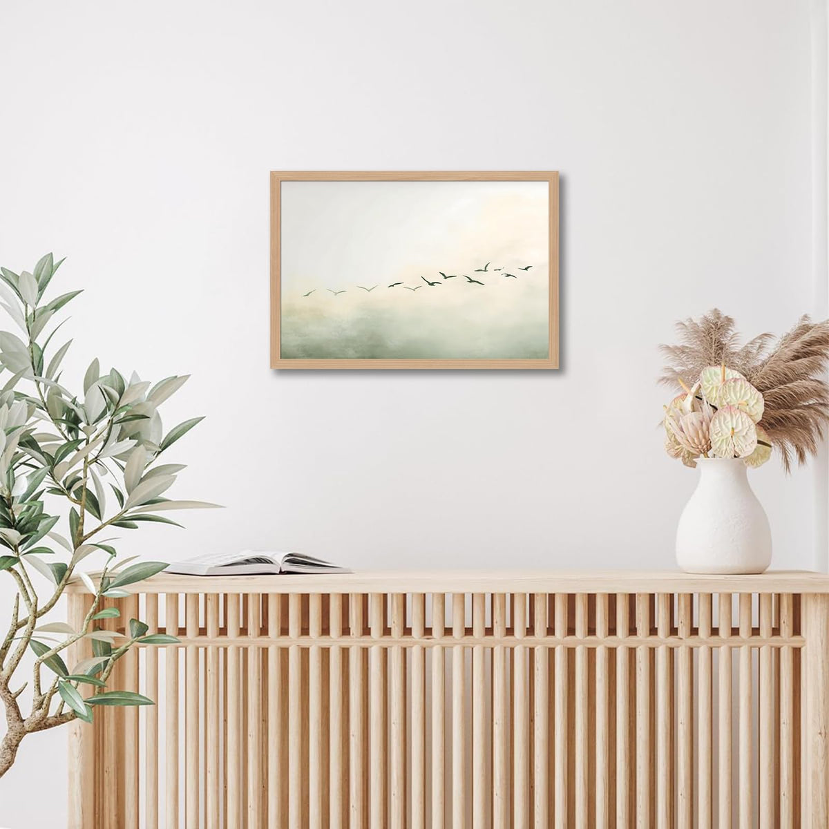 skysoon Minimalist Bird Wall Art, Abstract Fog Landscape Canvas Print, Neutral Japandi Nordic Artwork, Modern Calm Wall Decor for Living Room Bedroom Office 12x16 Inch