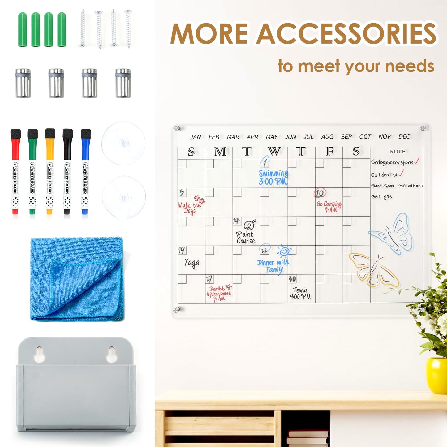 MAKELLO Acrylic Calendar for Wall 24" x 18", Clear Dry Erase Calendar for Office, School, Home, Bedroom, 4 Pens, Pen Holder, Wall-Mount Screws