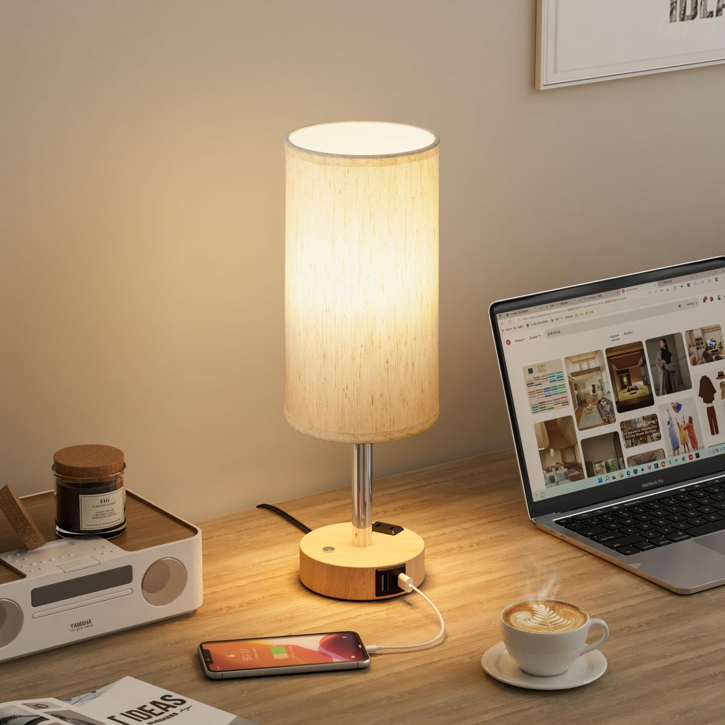 Touch Bedside Table Lamp with Memory - Stepless Dimmable Lamp for Bedroom, Small Nightstand Lamp with Dual USB Charging Ports and AC Outlet, Wood Night Light, Deak Lamp for Nursery, Living Room, Dorm