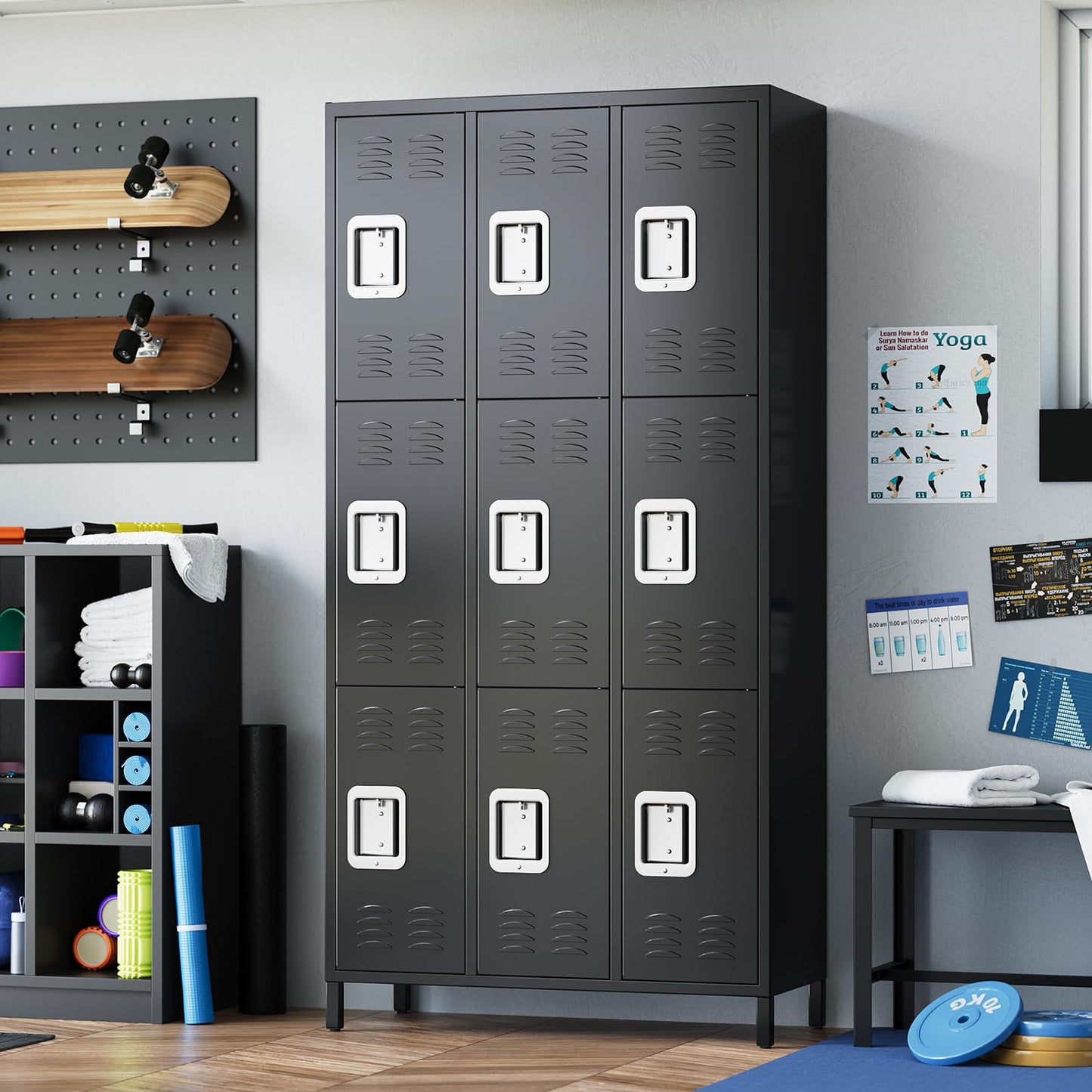 9 Door Locker Cabinet, Metal Lockers for Employees, Lockers Cabinet with 27 Hooks, Industrial Locking Cabinets with Ventilation Holes for Office, School, Gym, Warehouse, Easy Assembly, Black
