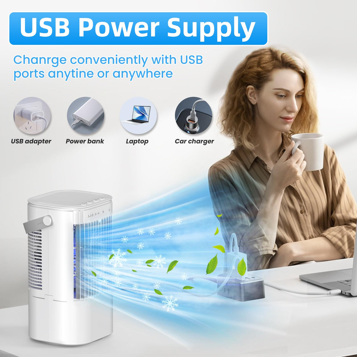 Portable Air Conditioners 4-in-1 Mini Small Air Conditioner Evaporative Air Cooler Fan with 1000ml Water Tank 3 Speeds 7 LED Lights Personal Mini AC with Timer for Bedroom Desktop Home Office (White)