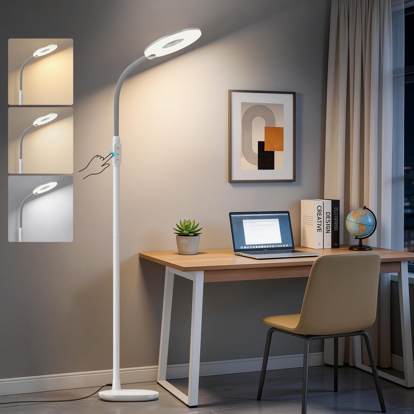 GyroVu 70" Bright LED Floor Lamp for Living Room, Dimmable Standing Tall Lamps with Color Temperature Adjustable, Touch Control Gooseneck Reading Light for Bedroom Office