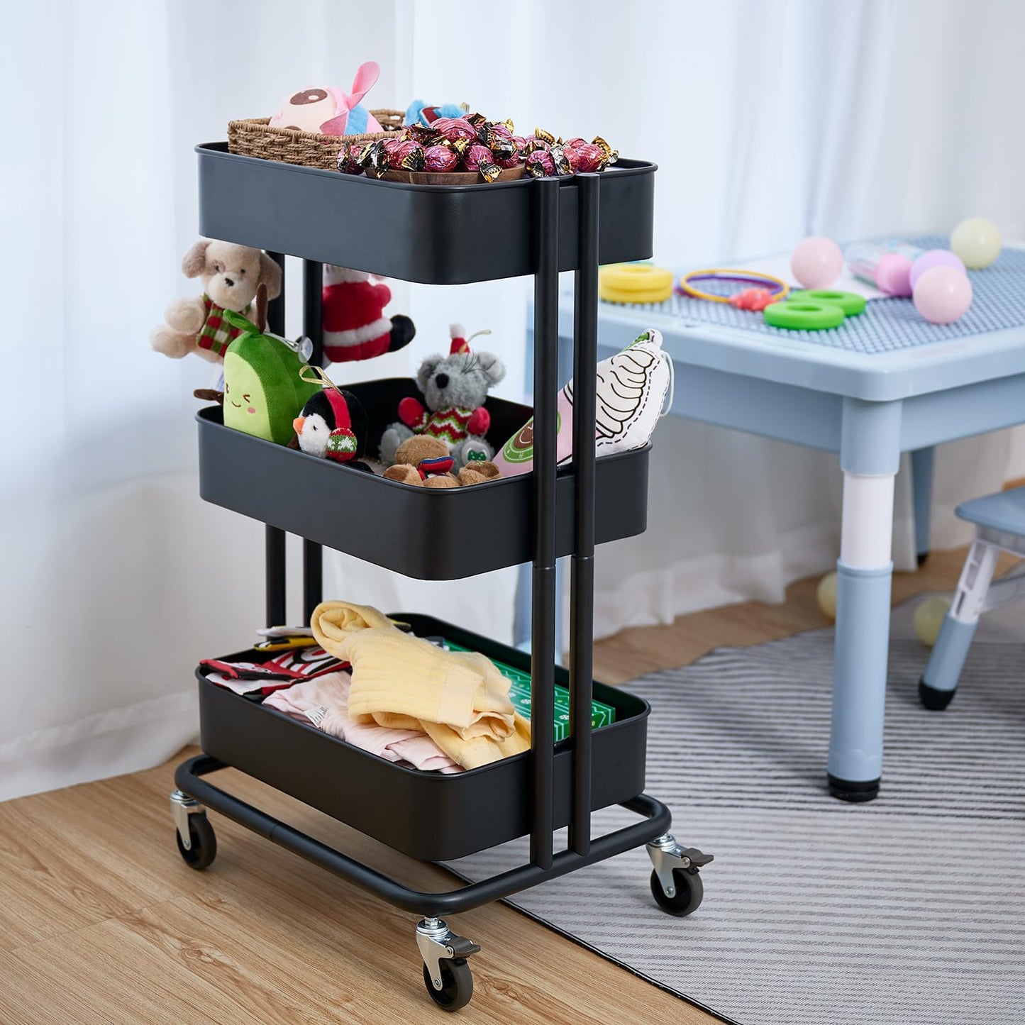 CARTTECH 3 Tier Rolling Cart Metal Heavy Duty Utility Cart with Silent Caster Lockable Wheels Multi-Functional Organization Carts Storage Trolley with Mesh Shelves for Office Kitchen Living Room Black
