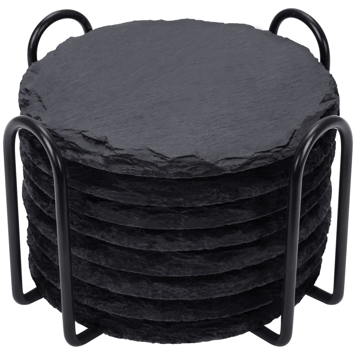 Slate Drink Coasters with Metal Holder, GOH DODD Set of 8 Black Coasters, 4 Inch Stone Coaster Set Tabletop Protection for Home Kitchen Apartment Bar Decor Housewarming Gifts Wedding Party, Round