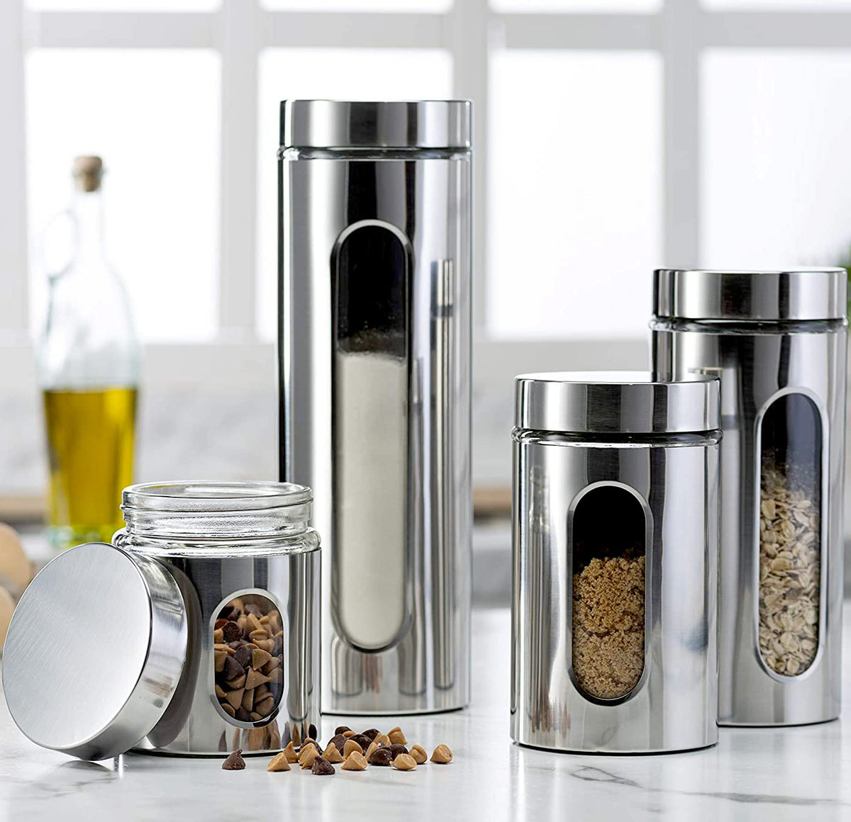 Quality 4pc Stainless Steel Canister Set for Kitchen Counter with Glass Window & Airtight Lids, Food Storage Containers, Pantry Storage & Organization Set for Coffee, Flour, Pasta, Rice, Spices, Herbs