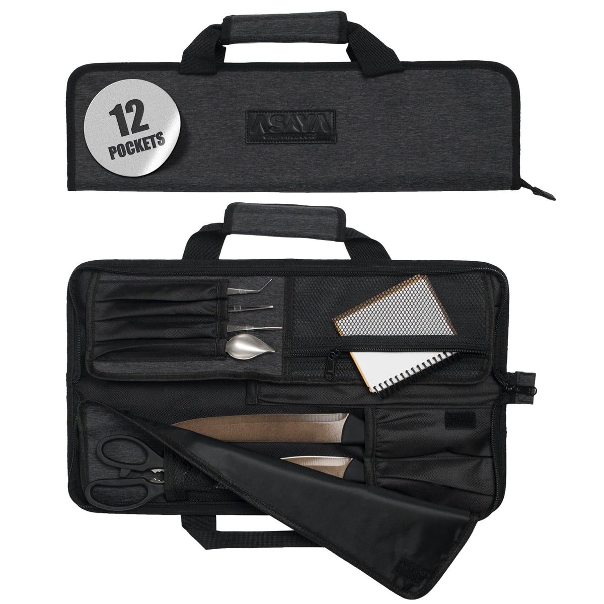 Asaya Chef Knife Roll Bag - 12-Pocket Chefs Case for Kitchen Knives and Utensils, Lightweight Stain-Resistant Waxed Nylon Chef Knife Bag - Knives Not Included (Black)