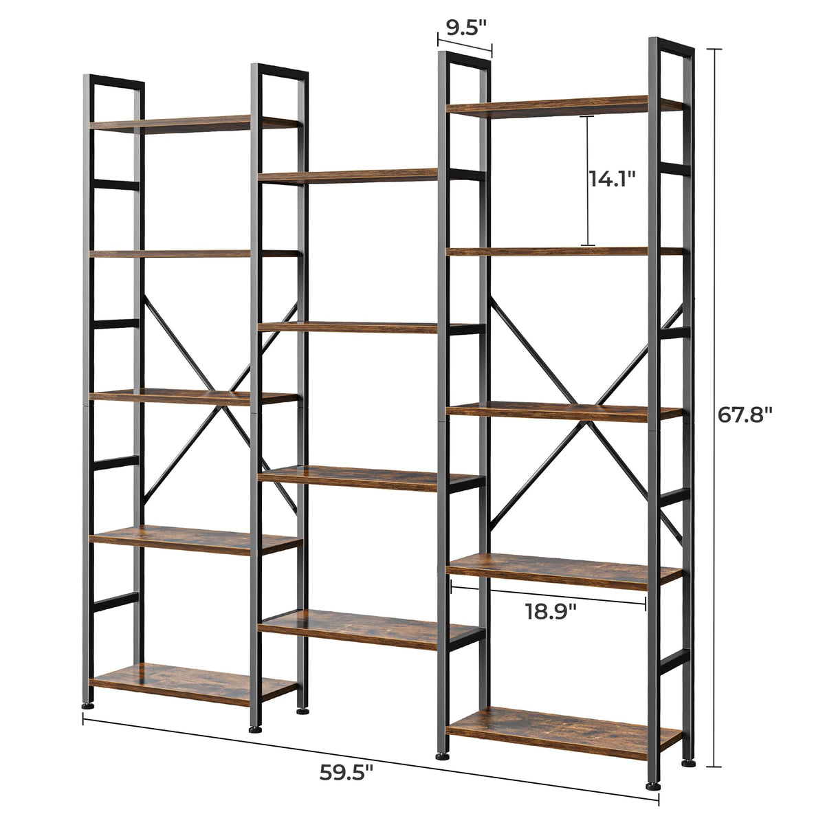 SUPERJARE Triple Bookshelf, Bookcase with 14 Open Display Shelves, Wide Book Shelf Book Case for Home & Office, 5 Tier, Brown