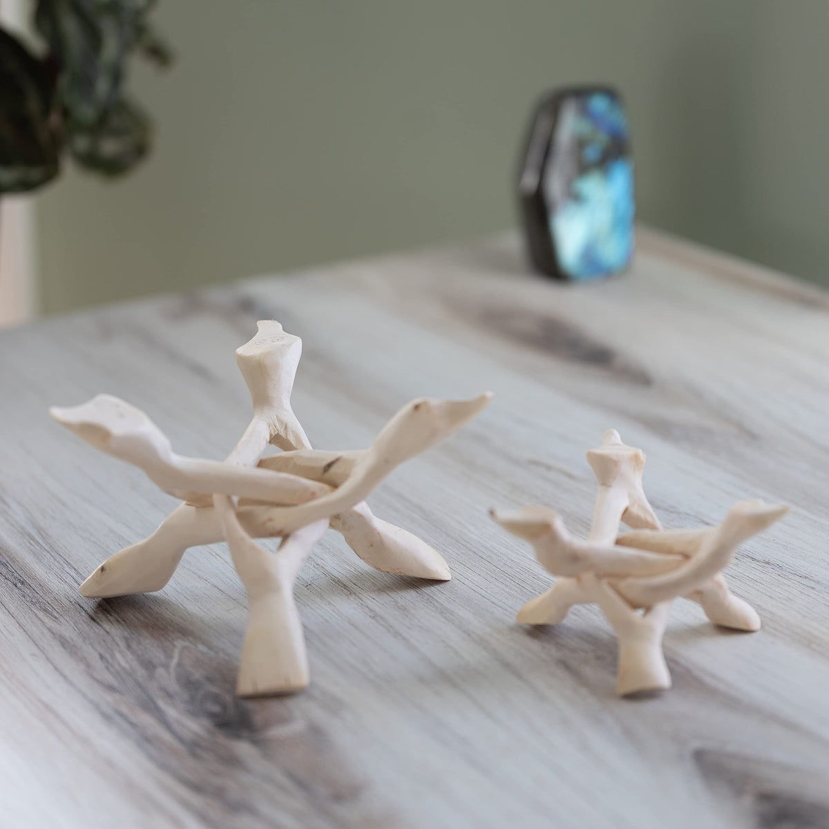 Wish Well 2 Piece Wooden Tripod Stand - 4" & 6" Hand-Carved Room Decor Holder ~ Ideal for Abalone Shell, Decorative Bowl, Crystal Ball, Sphere, Geode ~ Wood Display Stand & Perfect Crystal Holder