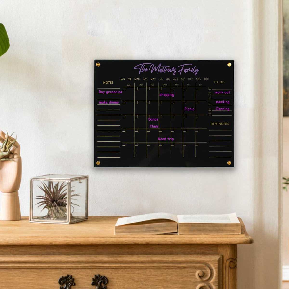 Black Acrylic Calendar Dry Erase for Wall, Family Planner, Monthly Calendar Dry Erase Whiteboard for Home, Office, 17" x 13"Reusable White Board(Acrylic-BK-3343)