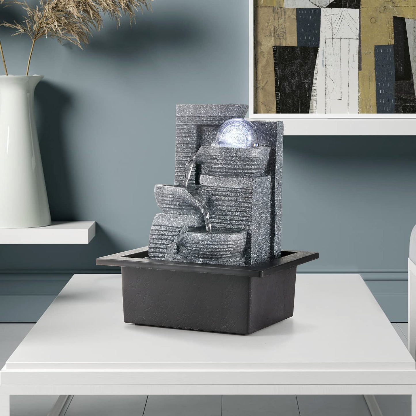 WICHEMI Tabletop Fountain Warer Fountains Indoor Waterfall Fountain Indoor Relaxing Water Feature Meditation Fountains with LED Light for Home Office Bedroom Decor (Style 7)