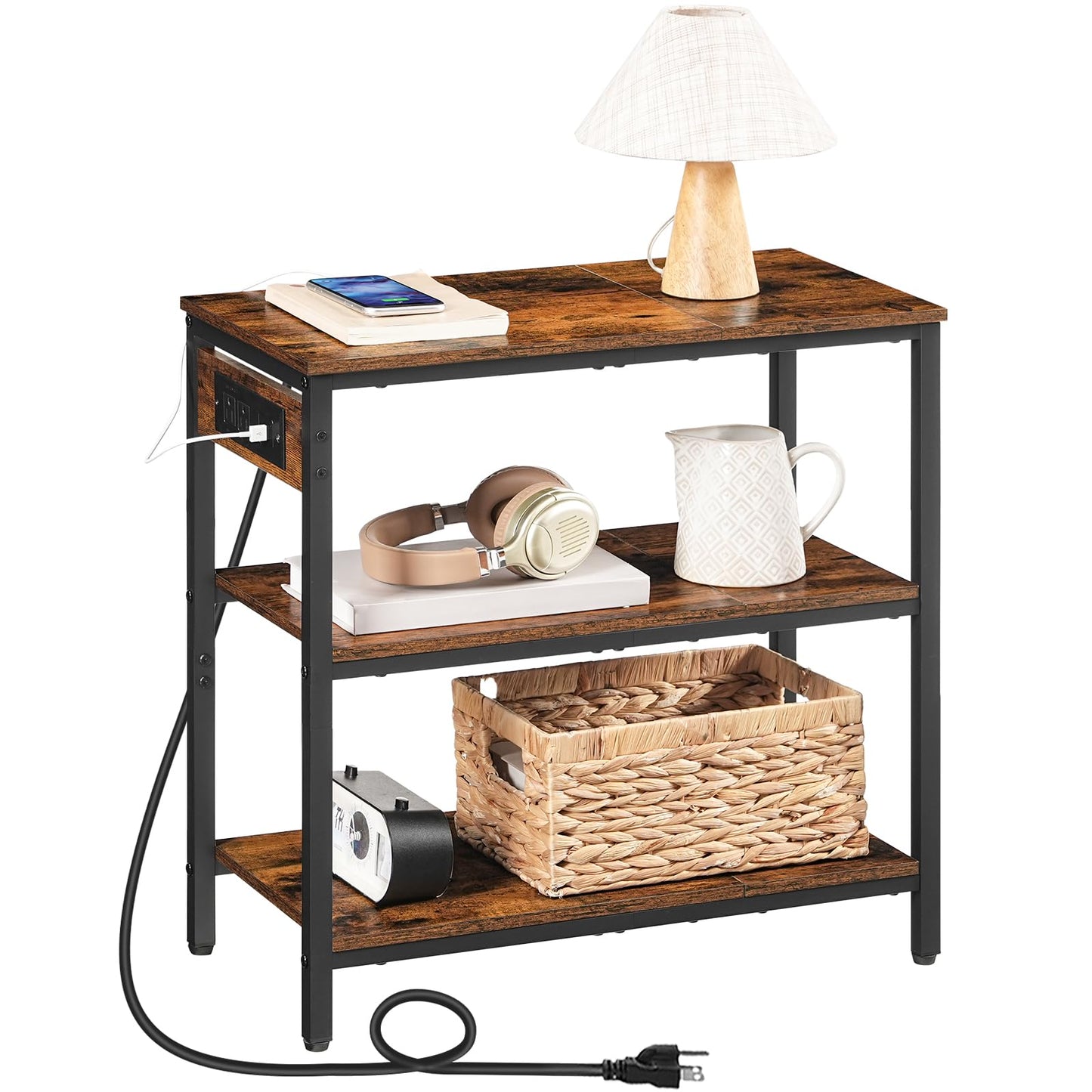 HOOBRO End Table with Charging Station, Simple Rustic Side Table with 3-Tier Storage Shelf, Narrow Nightstand for Small Spaces, for Living Room, Industrial Design, Rustic Brown and Black BF149UBZ01