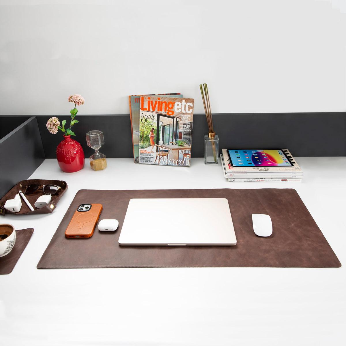 Node Leather - Genuine Leather Desk Mat (32" x 16"), Desk Organizer & Cup Coaster - Leather Office Set - Premium Handmade Office Accessories for Elegant Workspace - Dark Brown