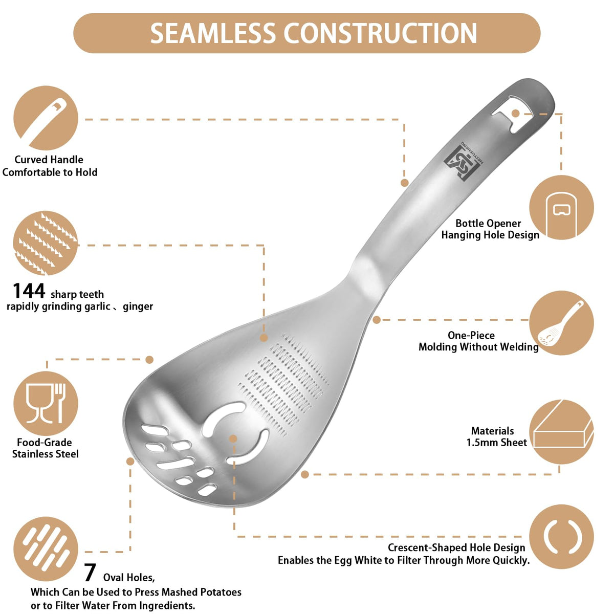 2PC Multi-Function Cooking Spoon with Potato Masher, Egg Yolk Separator, Grater Plate, Bottle Opener & Slotted Spoon - 304 Stainless Steel, MEIYUSHENG