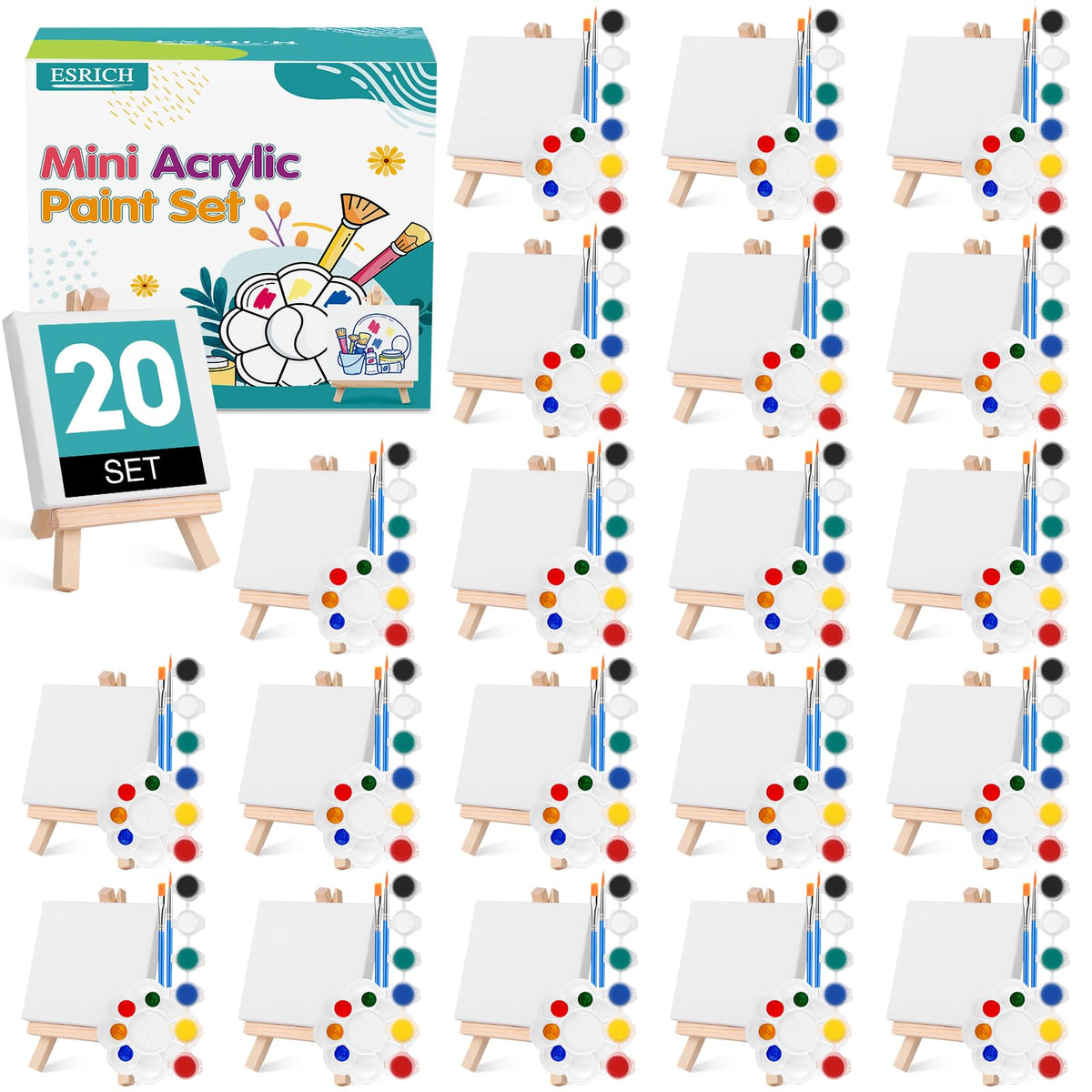 ESRICH 20 Set Mini Canvas Painting Kit, Minis Acrylic Paint Set, Valentines Day Gifts,4*4in Stretched Canvas with Easel, Acrylic Paints,Brushes,Palette,Mini Easel Canvas for Kids Adults Painting Party
