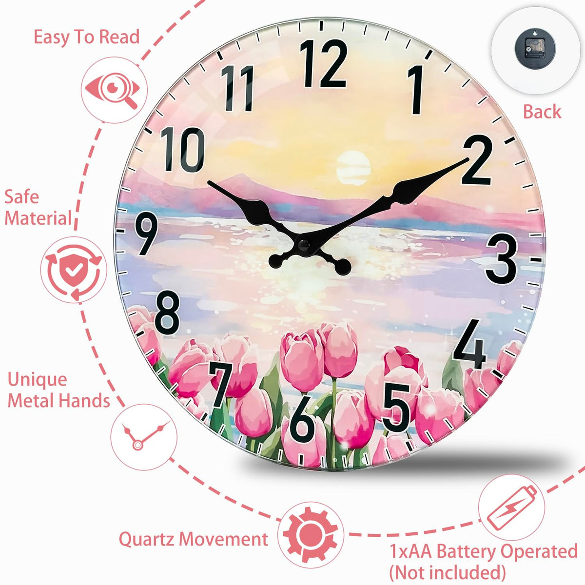 TGHHPC 12-Inch Spring Tulip Sunset Wall Clock, Silent Non-Ticking Battery Clock with Premium Glass Silent Movement Large Number Clocks for Romantic Bedroom Relaxing Living Room Office Kitchen Hotel