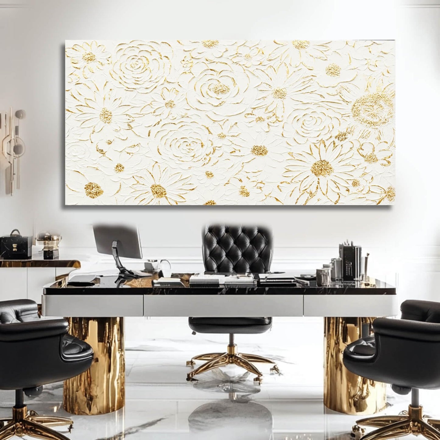 YJYart Large White Canvas Wall Art, Gold Flowers Wall Art for Wall Decor,Office Arts,Living Room or Bedroom Artwork Picture, Hallway Decoration 24"x48"