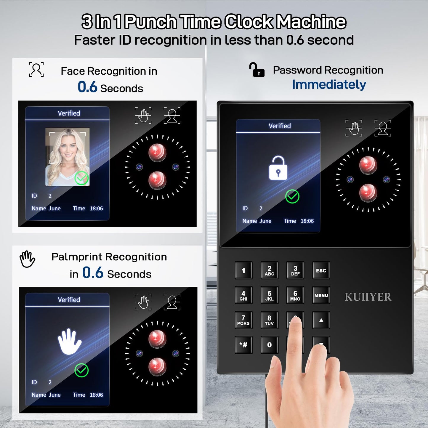 KUIIYER 3 in 1 Employees Time Clocks for Small Business (Face + Palm Print + Password) Employee Clock in & Out Machine Biometric Attendance Punch Clock Recorder Tracker (No Monthly Fee)