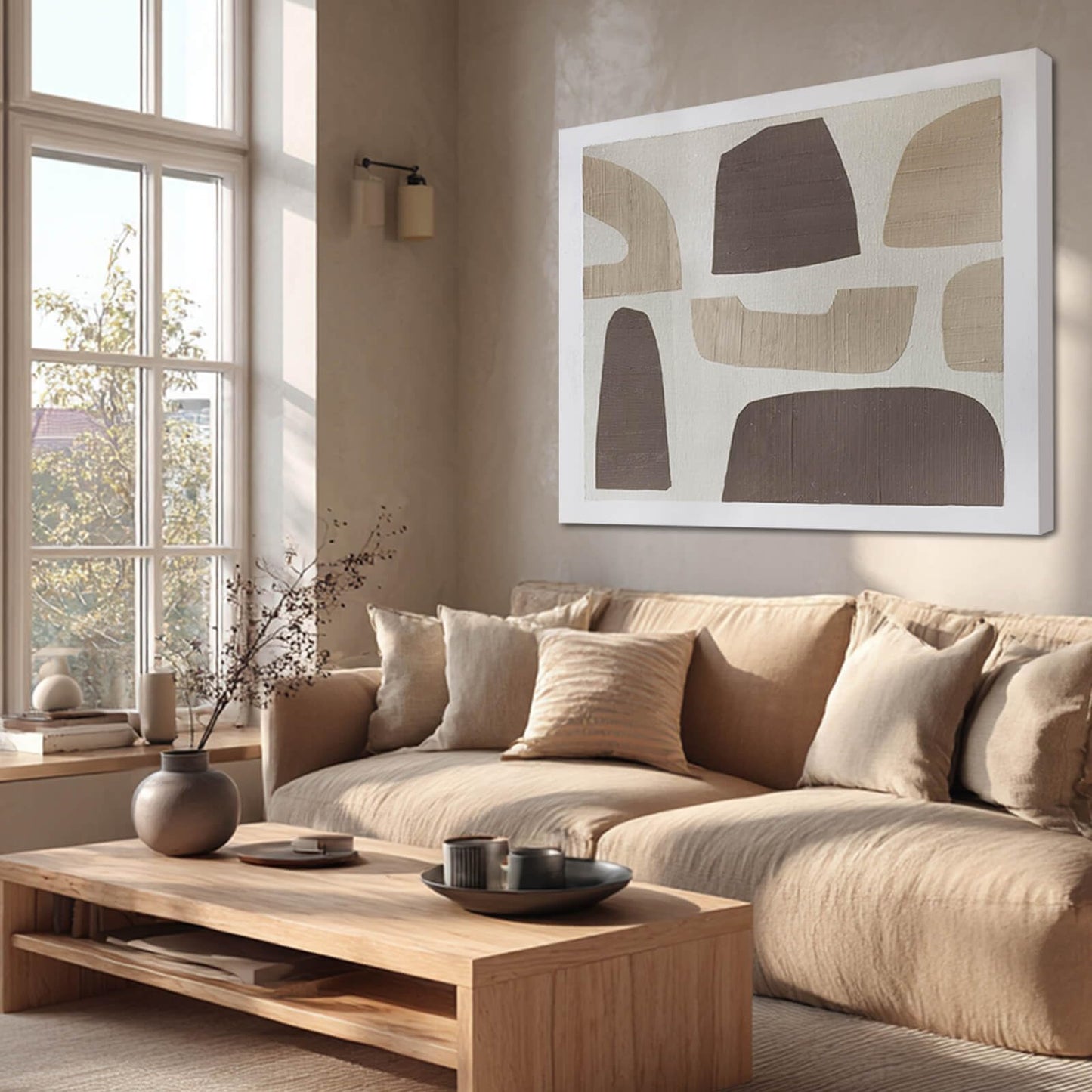 Neutral Geometric Abstract Wall Art, Hand-Painted Oil Painting on Canvas, Framed, Textured Wall Decor, Ready to Hang, Modern Minimalist Decor for Living Room, Office, 40x40 Inch