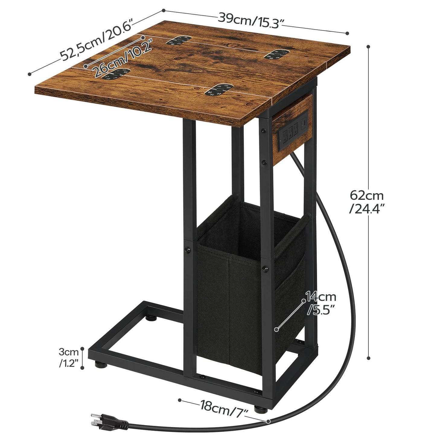 HOOBRO C Shaped Side Table with Charging Station, Foldable End Table with Fabric Bag, Sofa Couch Tray Table for Small Space in Living Room, Bedroom, Rustic Brown and Black BF30USF01