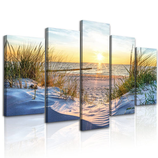 Canvas Wall Art For Living Room Large Size Wall Decor For Bedrooms Beach Grass Blue Ocean Landscape Painting Office Wall Decorations Seascape Print Canvas Pictures Artwork Home Decor Works 5 Piece