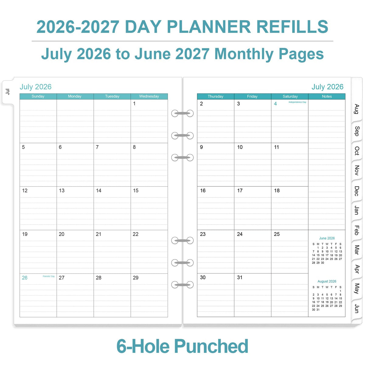 2026-2027 Planner Refills for A5 Binder - One Page Per Day Daily ＆ Monthly Planner, July 2026 - June 2027, Prioritized, To-Do List, Notes, Appointment Schedule, 6-Hole Punched, 5.8" x 8.3"