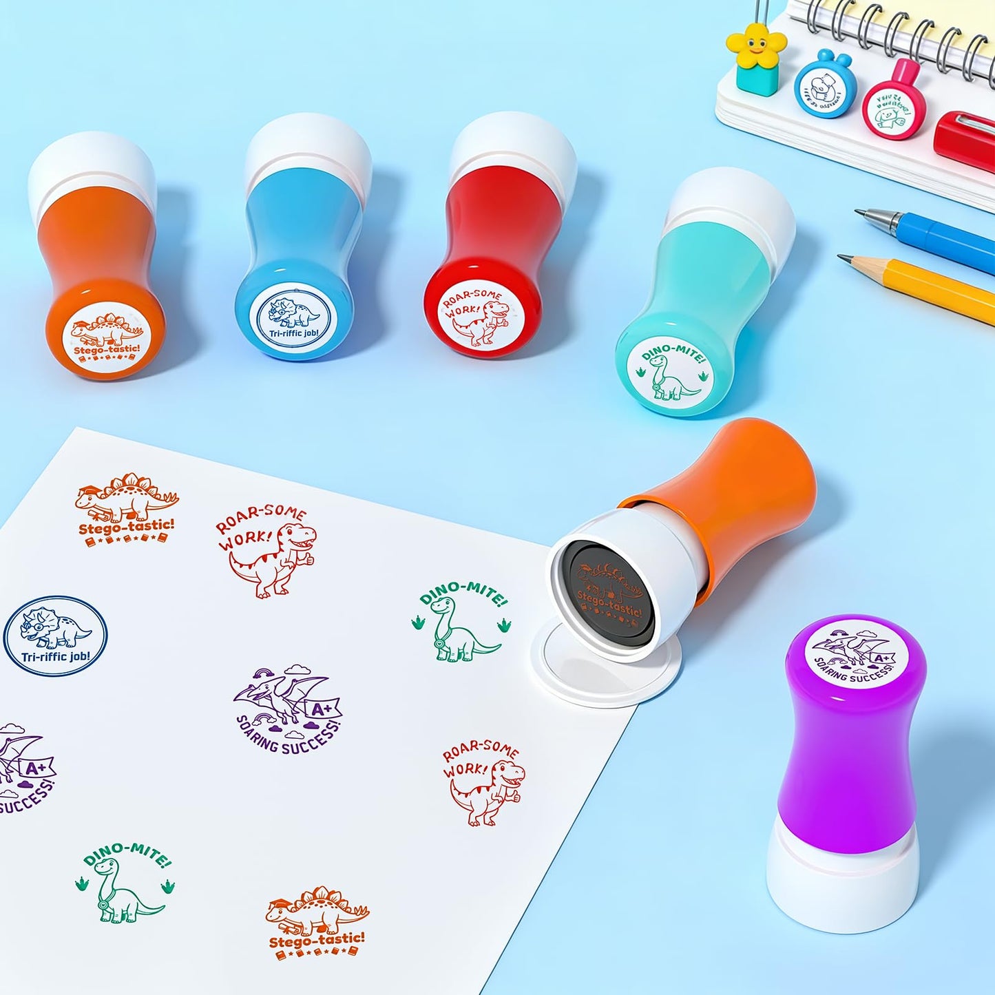 5 Pack Dinosaur Teachers Motivational Stamps-Teacher Stamps for Classroom for Grading Teacher Stamps Self Inking Stamp Stamps for Teachers Teacher Gifts
