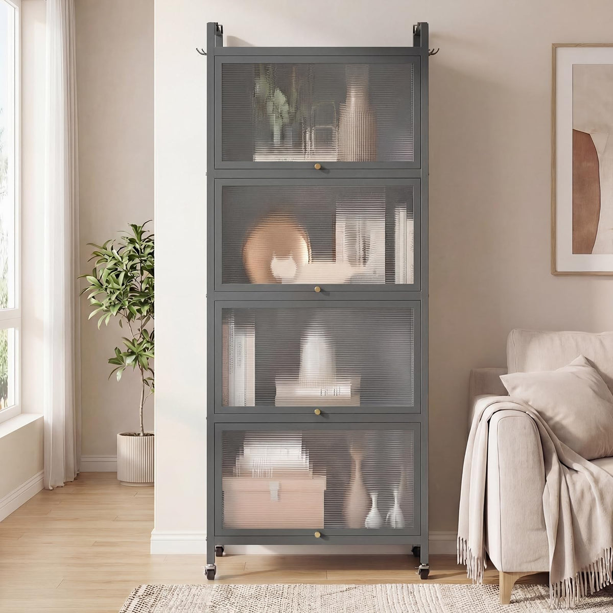Giantex 5-Tier Kitchen Storage Cabinet, Mobile Microwave Stand with Flip-up PC Doors, Freestanding Kitchen Bakers Rack with 4 Rolling Casters, for Dining Room, Living Room and Study, Grey