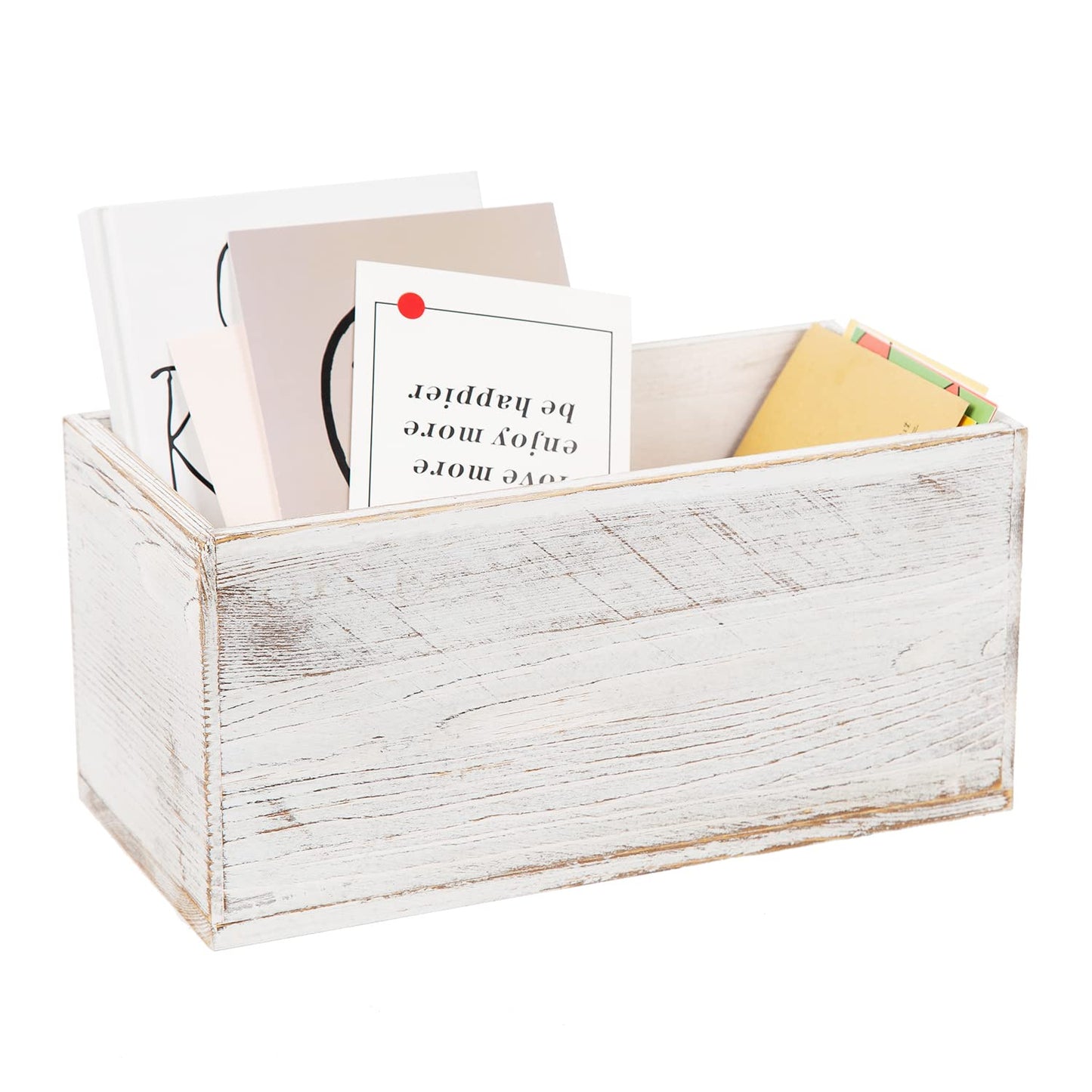 ExoLiry Rustic White Washed Wood Mail Box Storage Holder File Organizer Tabletop Wooden Basket Letter Script Design Envelope Folder Decorative Container Desk Home Office Entryway Bedroom Living Room