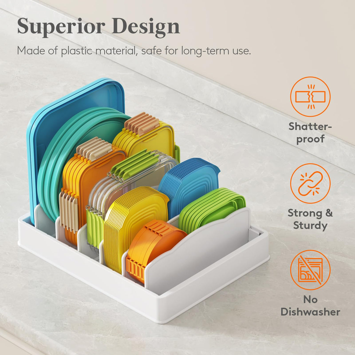 Lifewit Kitchen Cabinet Organizer for Food Contanier Lid, Lid Holder with 6 Adjustable Dividers & 7 Sections for Pantry Organizers and Storage, Home Drawer Organization, Large, 13" x 10"