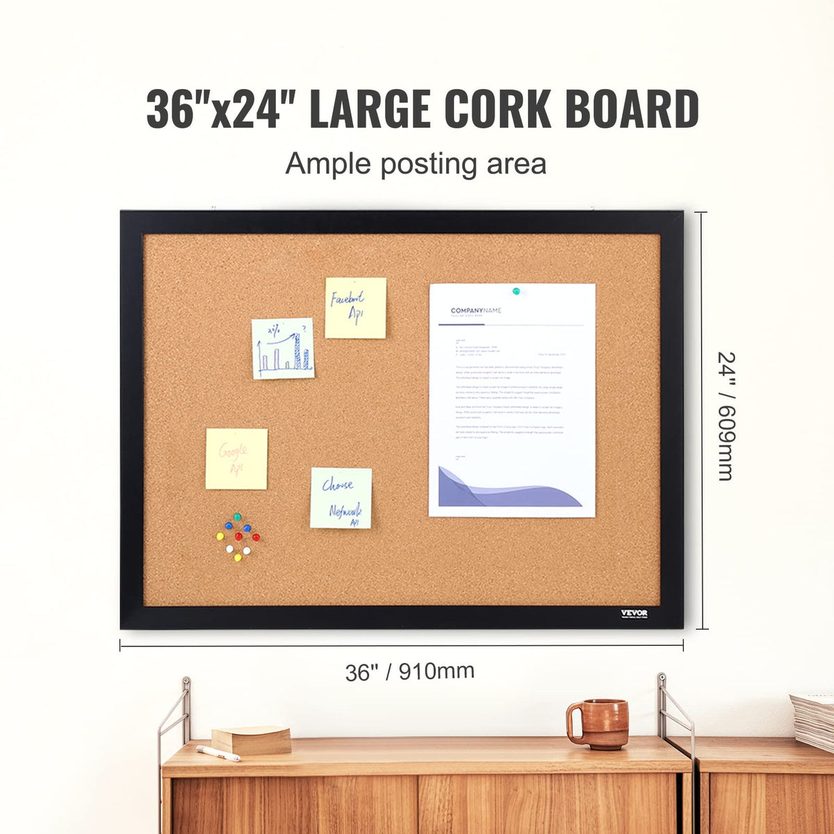 VEVOR 24 x 36 Cork Board, Large Bulletin Board with Black MDF Frame, Wall Mounted Pin Board for Office, School and Home Decor, Hanging Message Board for Pictures and Notes, 10 Push Pins Included