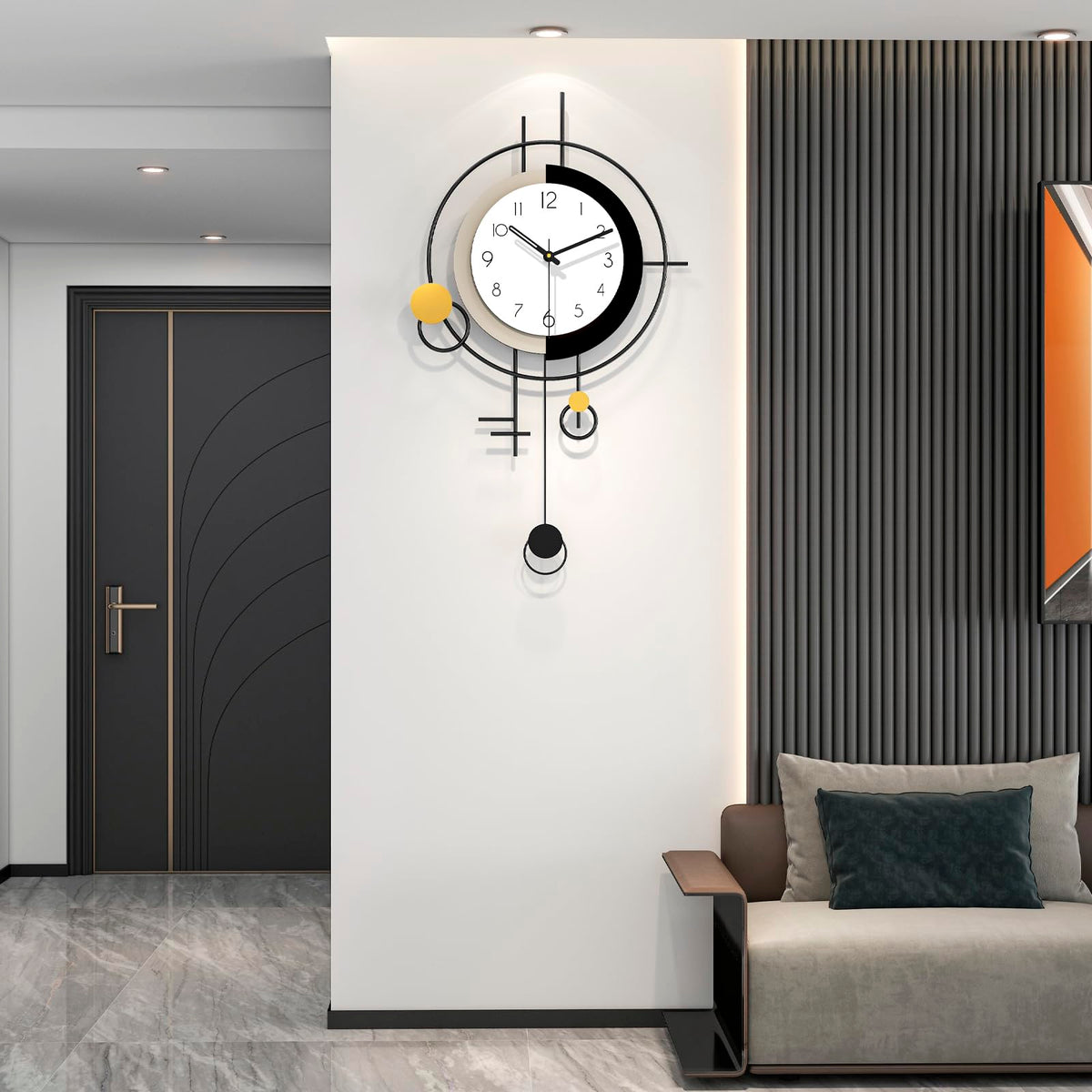 FLEBLE Large Wall Clock Decorative Modern Clock with Pendulum Silent Non-Ticking Battery Operated Black Metal Clock Wall for Living Room Kitchen Bedroom Office Home Decor, 15.7x27.6inch