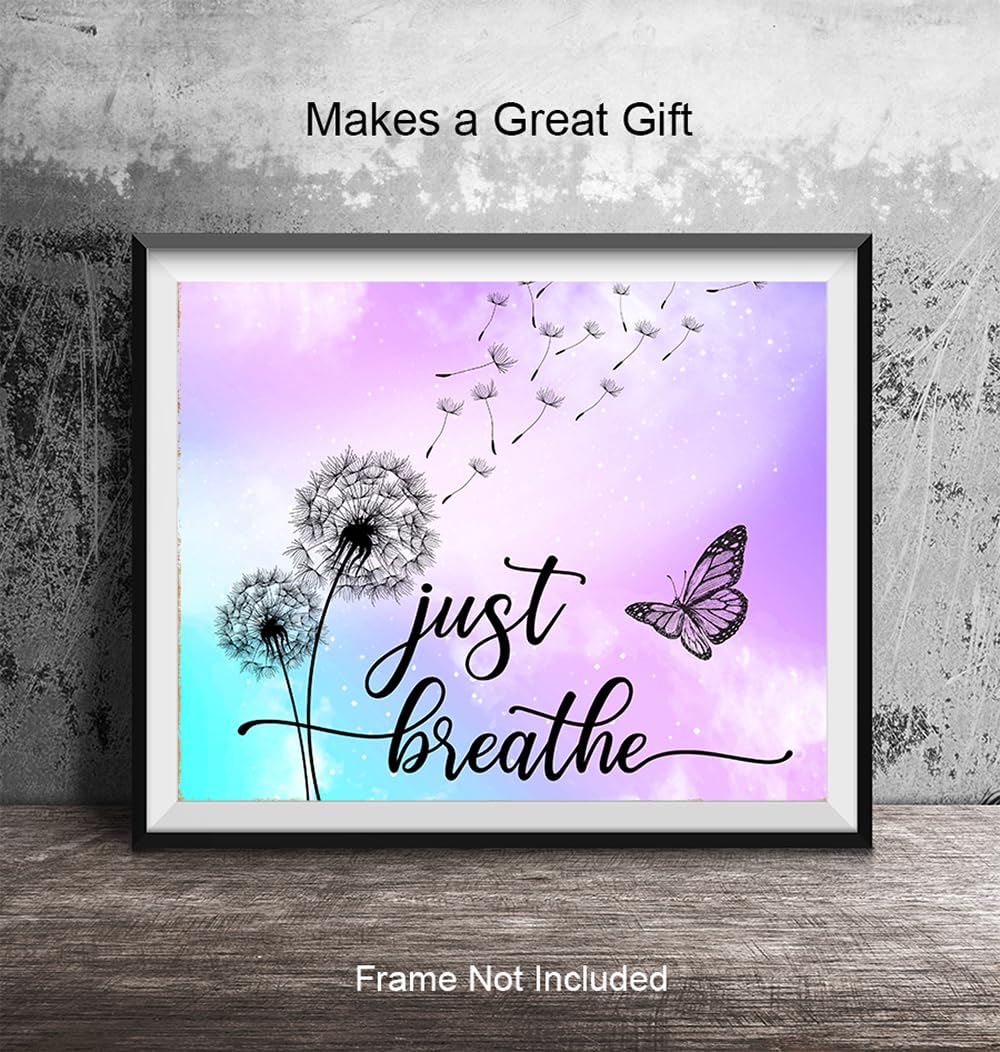 Just Breathe Wall Art - positive Quotes Purple Office Wall Decor for Women - Farmhouse Bedroom Inspirational Wall Decor - Motivational Shabby Chic Art - Zen Spa Wall Art, Butterfly Print