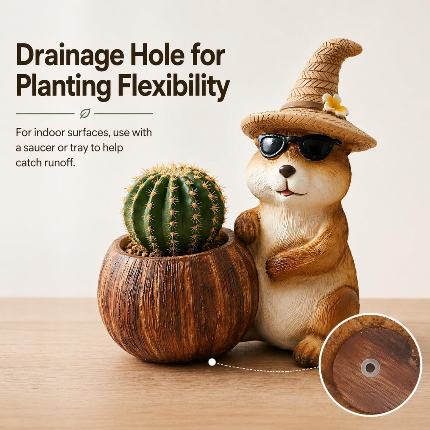 KREATIA Groundhog Planter with Drainage Hole, Resin Decorative Plant Pot for Succulents, Small Plants or Faux Greenery, Desk Shelf Windowsill Home Office Decor, 7.1 Inch
