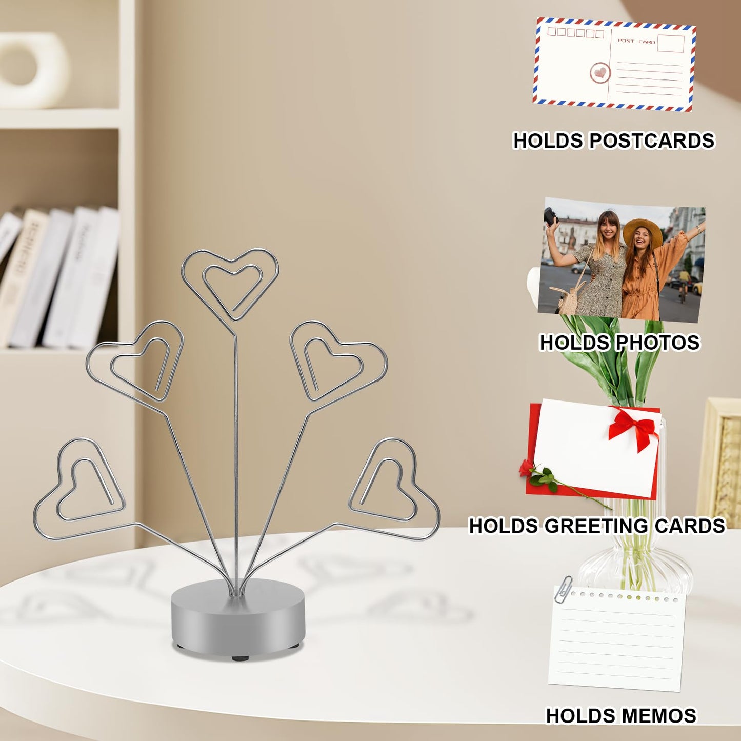 FaitAtten Desktop Heart-Shaped Photo Tree Style Holders Round Base,5-Branch Family Picture Frame Clips Holder Desk Card Display Stand for Christmas,Wedding, Birthday Party,Gift Silver