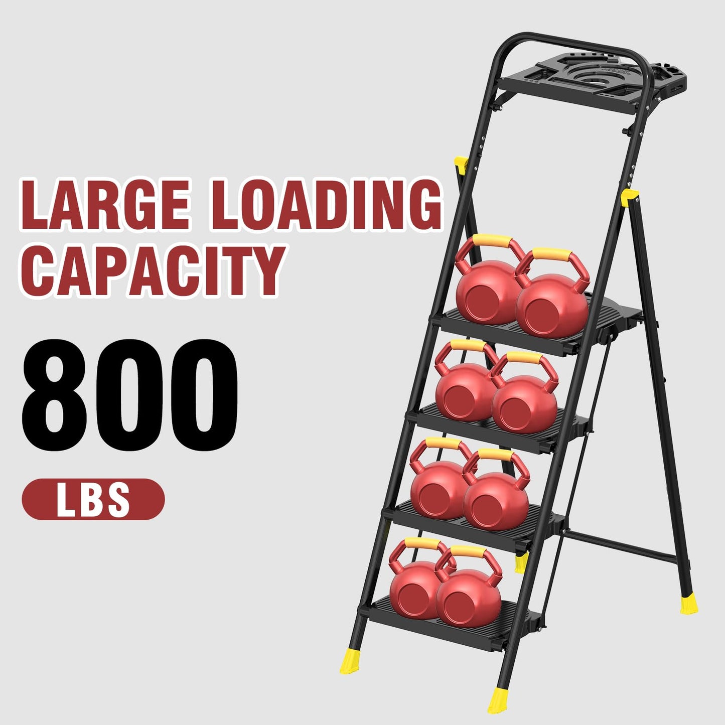 4 Step Foldable Step Ladder with Roomy Tool Tray, Platform Ladders Stepstools, Step Stool 4 Step Folding with Wide Non-Slip Pedals and 800lbs Bearing Capacity for Adults, Home, Kitchen, Black Yellow