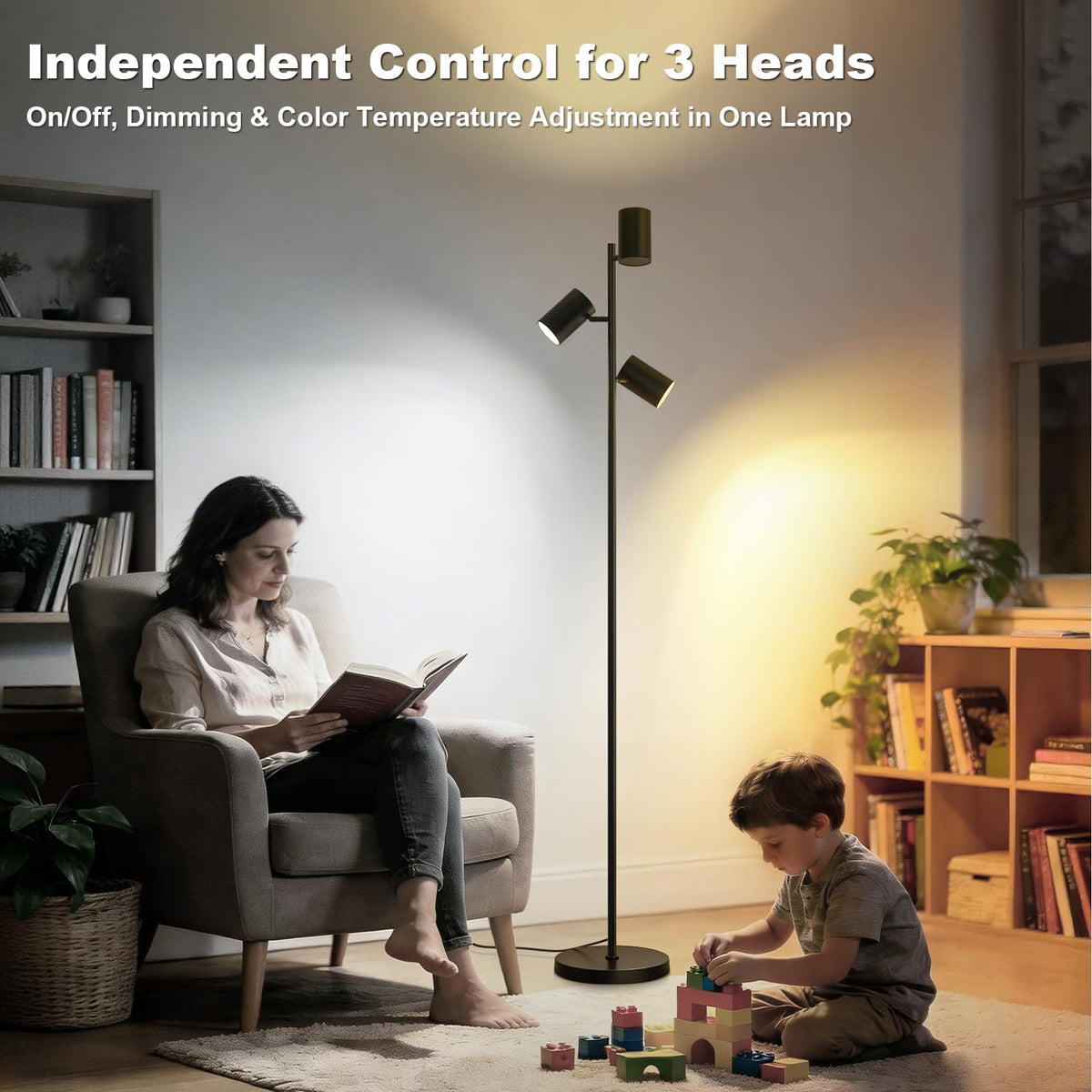 4000LM LED Tree Floor Lamp, 36W Super Bright Reading Lamp with Remote, Dimmable Tall Standing Light with 3 Rotatable Heads & 6 Color Temperatures, Modern Floor Lamps for Living Room Bedroom Office