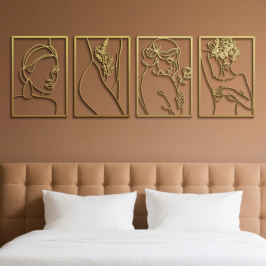 Eilopaa 4 Pack Gold Wall Art Décor for living room, Metal Minimalist Abstract Wall Décor bathroom, Single Line Woman's Body Shape Modern Wall Art, Size 17 X 11.8 inches