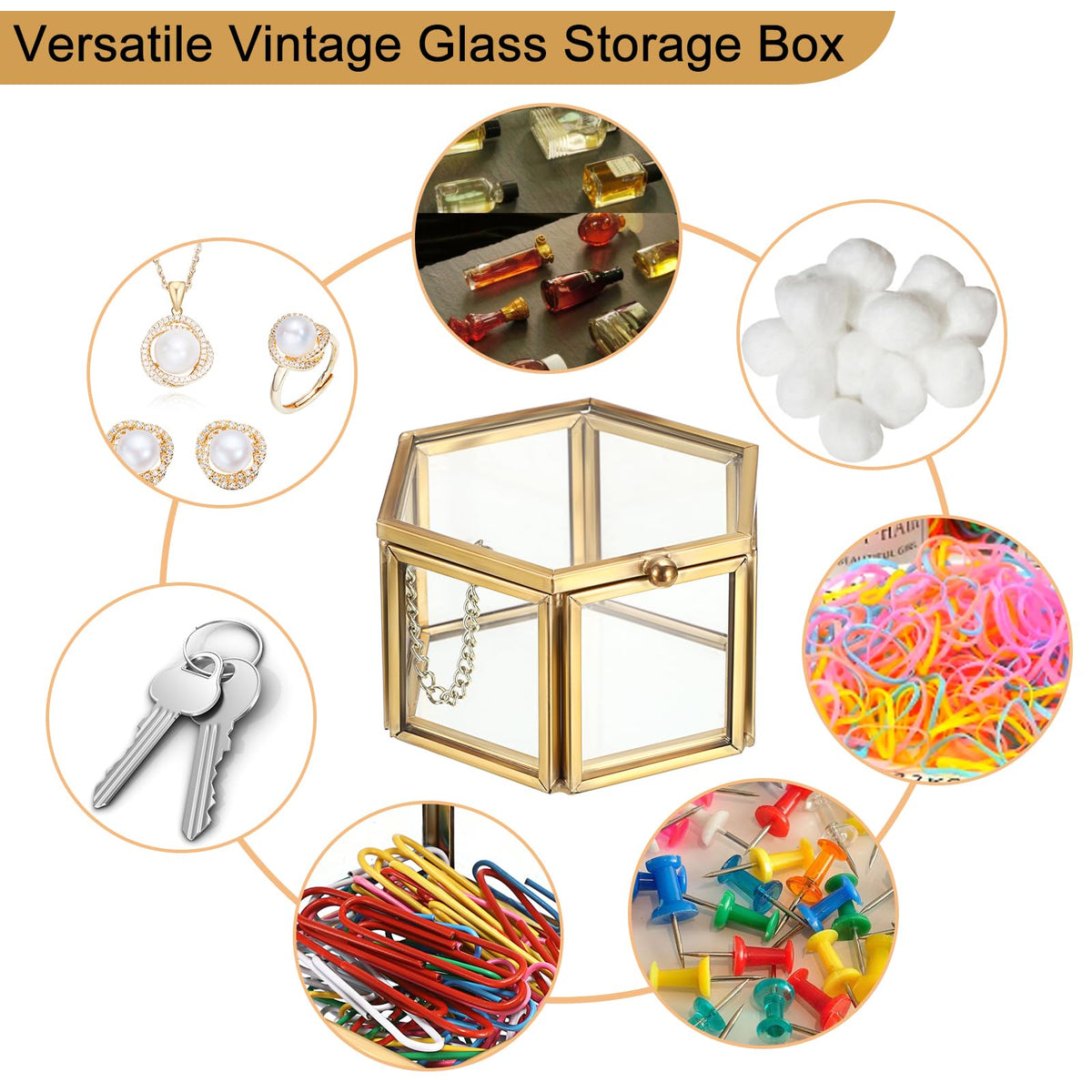 BTSKY Golden Glass Paper Clip Holder, Compact Hexagon Binder Holder for Desk, Clear Elegant Paper Clip Dispenser, Decorative Mini Storage Box Small Office Supply Accessory Organizer