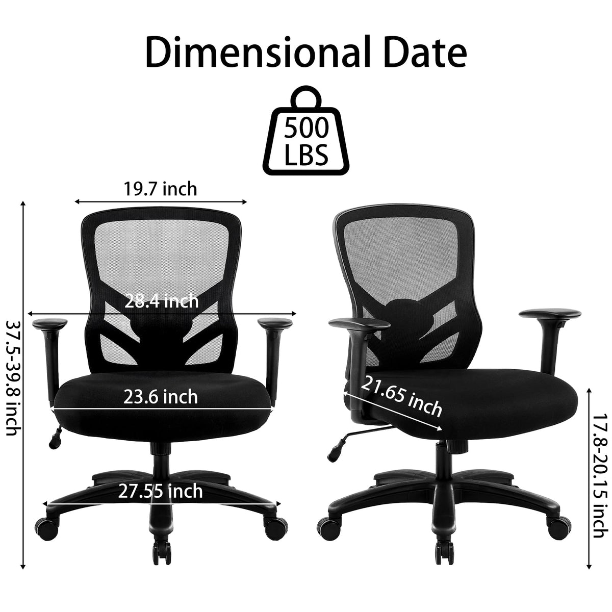 YFO Big and Tall Office Chair 500LBS - Computer Desk Chair with Adjustable Lumbar Support, Heavy Duty Ergonomic Mesh with 360 Rotation 4D Arm and Extra Wide Comfty Seat, Quiet Wheels for Adults, Black