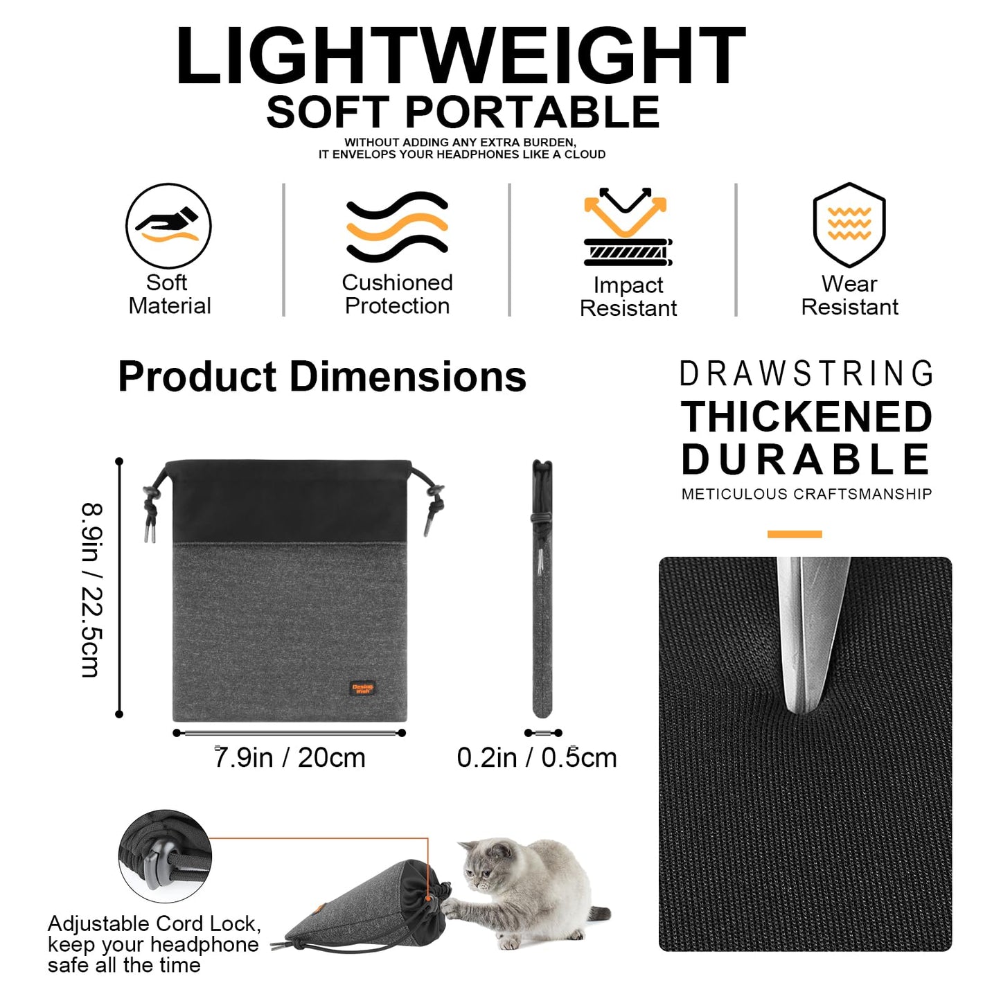 Desing Wish Lightweight Headphone Storage Bag, Portable Headset Carrying Pouch Headphone Case Bag Soft Travel Pouch for Over-Ear Headphones/Gaming Headsets/Neckband Earbuds (Small Grey)
