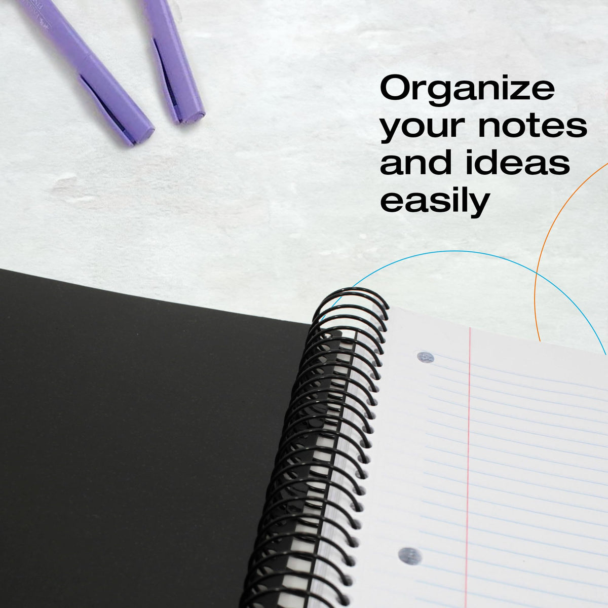 Confetti Spiral Notebook - Hole Punched - 4 Removable Dividers, Spill Proof Cover, Closing Elastic Band, Storage Pocket - Sturdy Bound Notepad, School & Office Supplies - 200 Sheets - Black